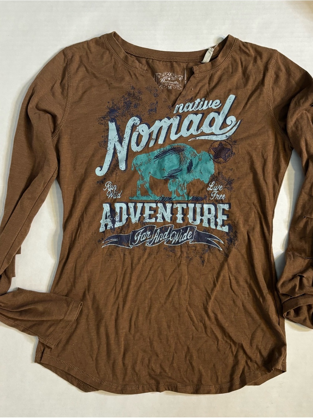 Panhandle Slim Brown Long-Sleeve Tee with Turquoise Graphic Womens medium
